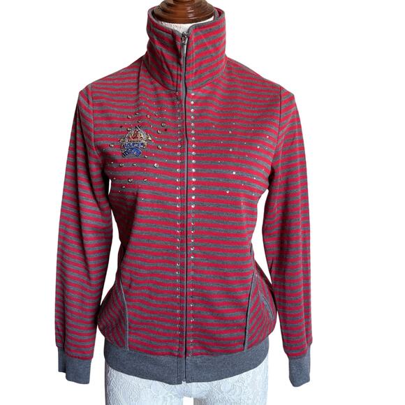 Vintage Bahatti Paris Striped Studded Funnel Neck Jacket France M OldMoney Y2k - Picture 1 of 9